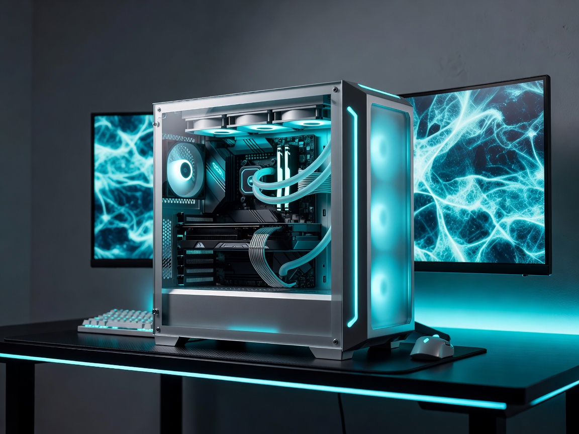 Arctic Frost Cyber Rig gaming PC setup with cyan ambient lighting