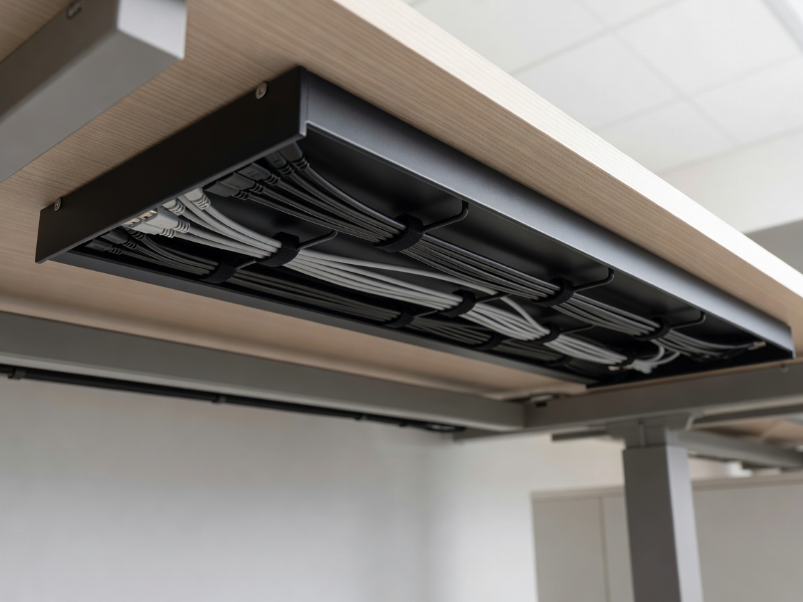 Cable management under-desk wire tray with clean wiring