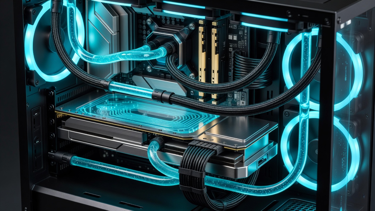 Detailed view of liquid cooled gaming PC component chamber with cyan LED lighting