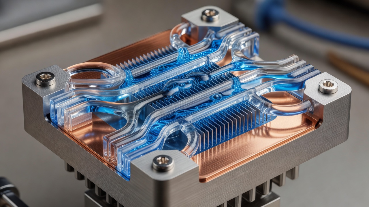 High precision CPU water block with blue coolant channels illuminated by blue LED