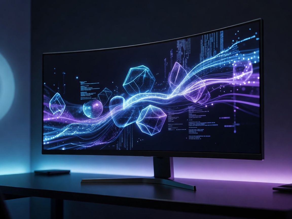 49 inch high refresh rate curved gaming monitor displaying futuristic cyan graphics on gas spring monitor arm