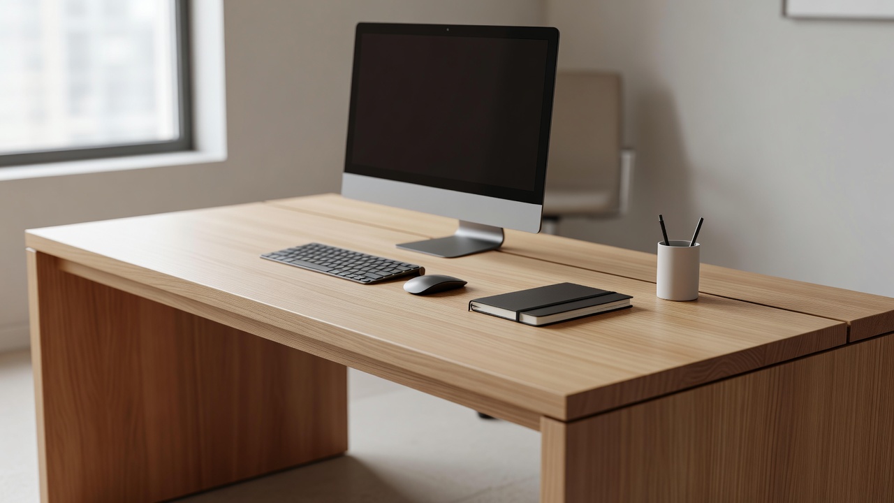 Minimalist walnut desk setup with hidden power cables and stealth gaming rig